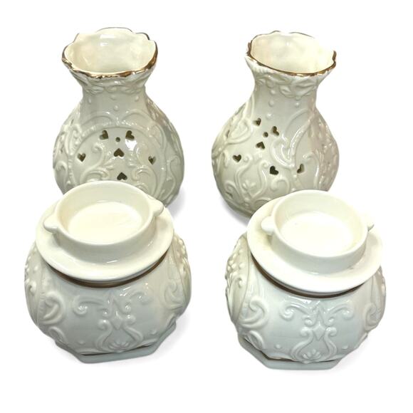 Set of 2 Vintage Pierced Porcelain Oil / Wax Warmers | Ivory Ceramic Diffusers - Picture 3 of 4